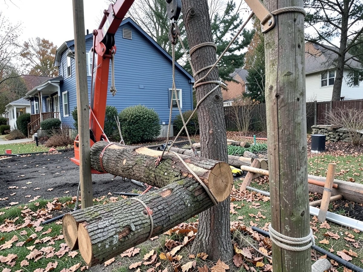 crane transports a tree trunk via pulley system in a residential area, secured by ropes and poles, with a blue house and fallen leaves in the background.