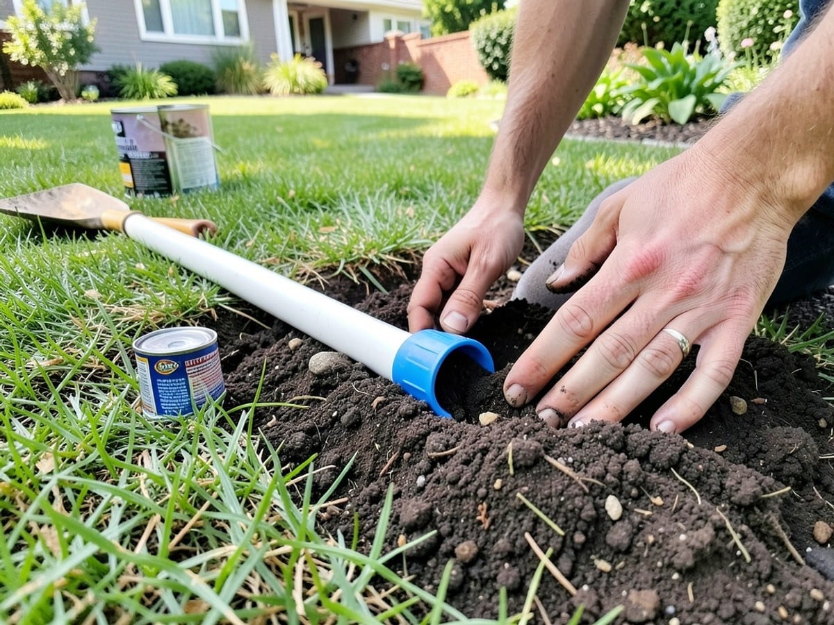 Hands dig into the dark soil, revealing a white pipe with a blue cap, accompanied by a can of caulk on a green lawn.