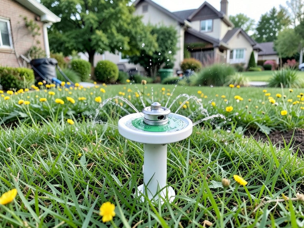 white sprinkler head with a silver center and green accents sprays water in a circular pattern, creating a thin film against a lush backdrop of green grass and yellow flowers.