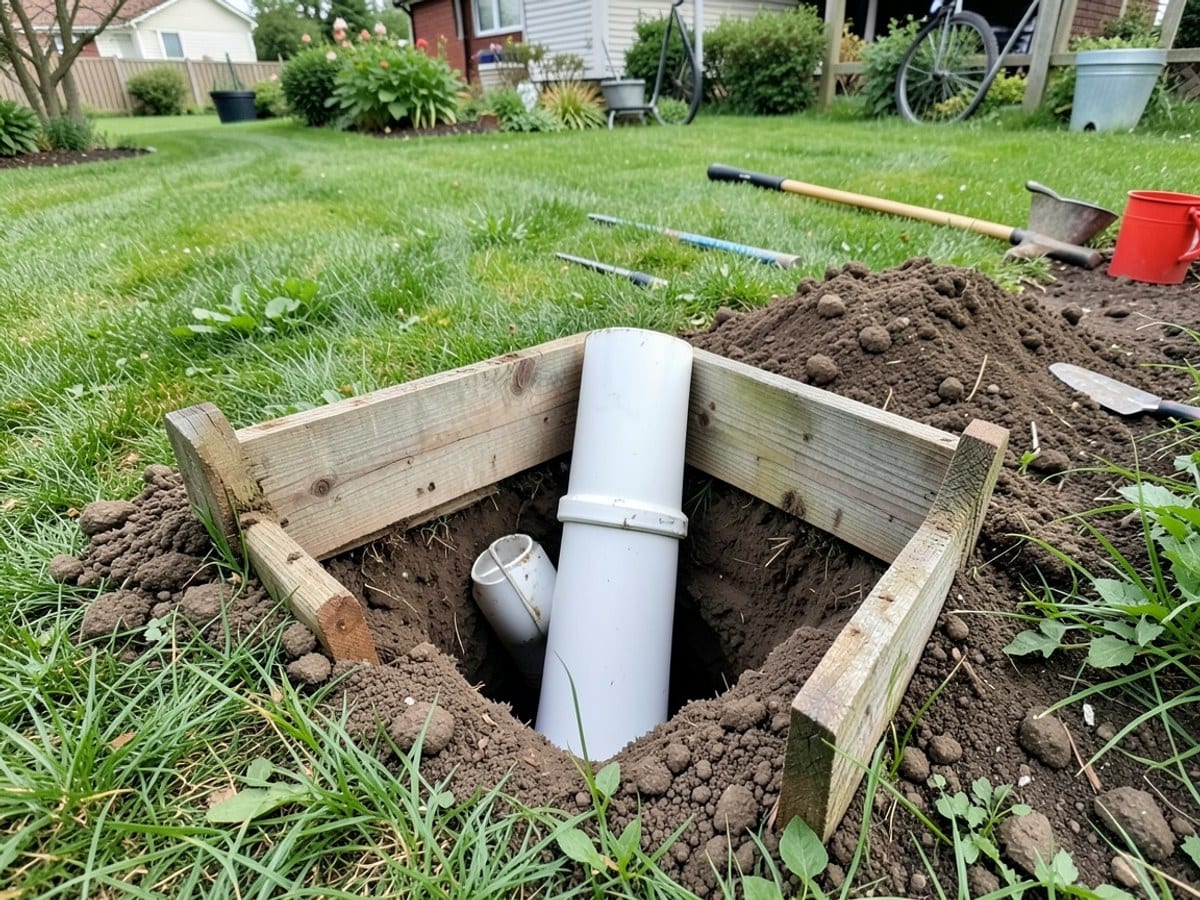 white PVC pipe is inserted into a hole in the ground, supported by a wooden frame, amidst a lush green lawn and a pile of dirt.