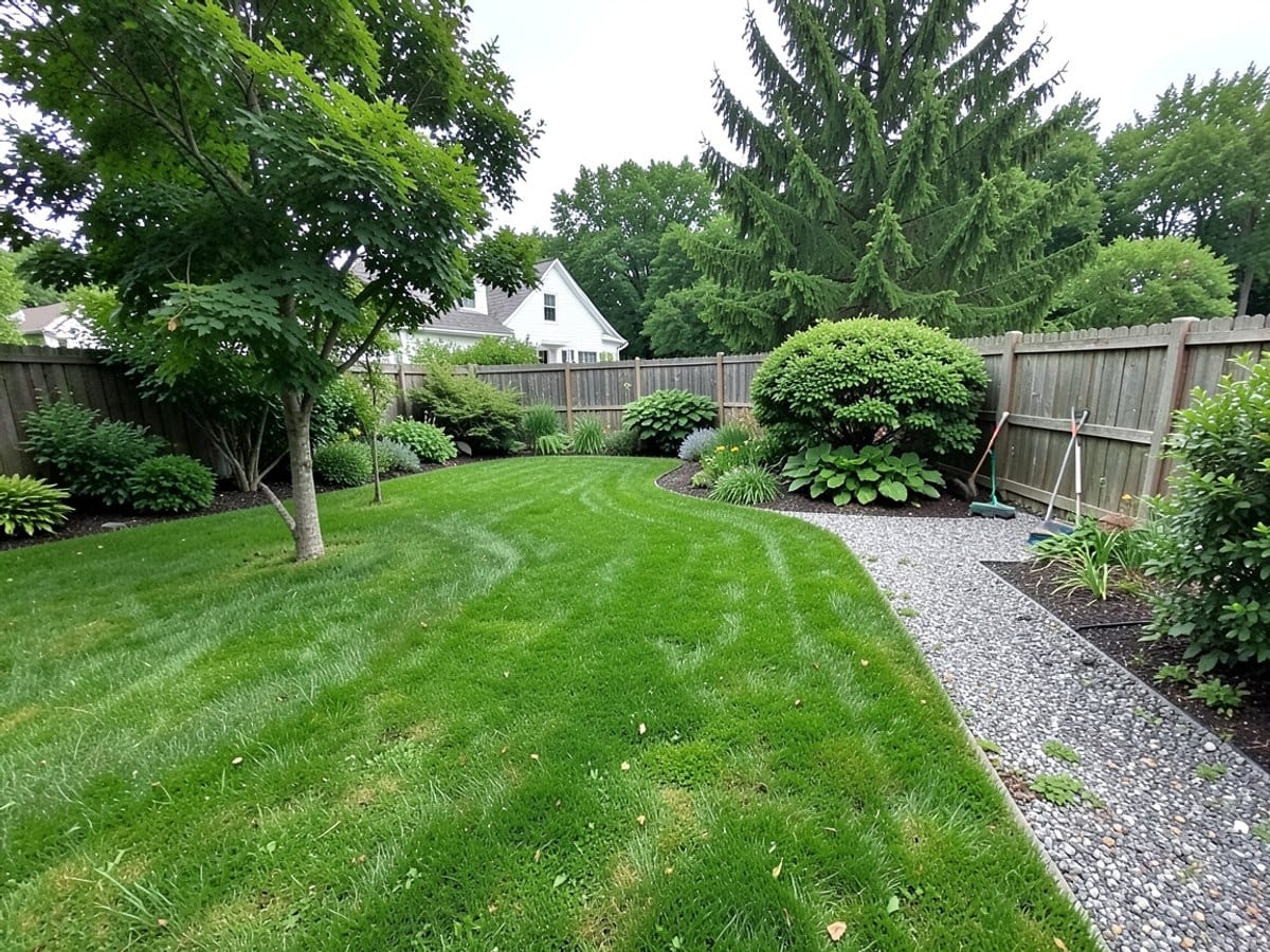 well-maintained garden features a lush green lawn, trees, bushes, a gravel path, and a wooden fence, with a white house visible in the distance.