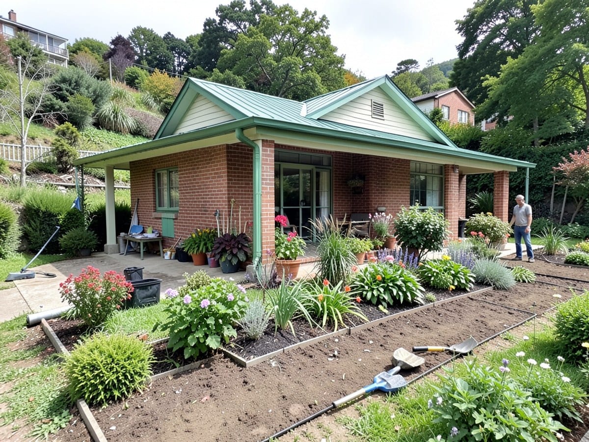 brick house with a green roof and patio, adorned with colorful plants, sits on a hill with a well-maintained garden and a person in the background.