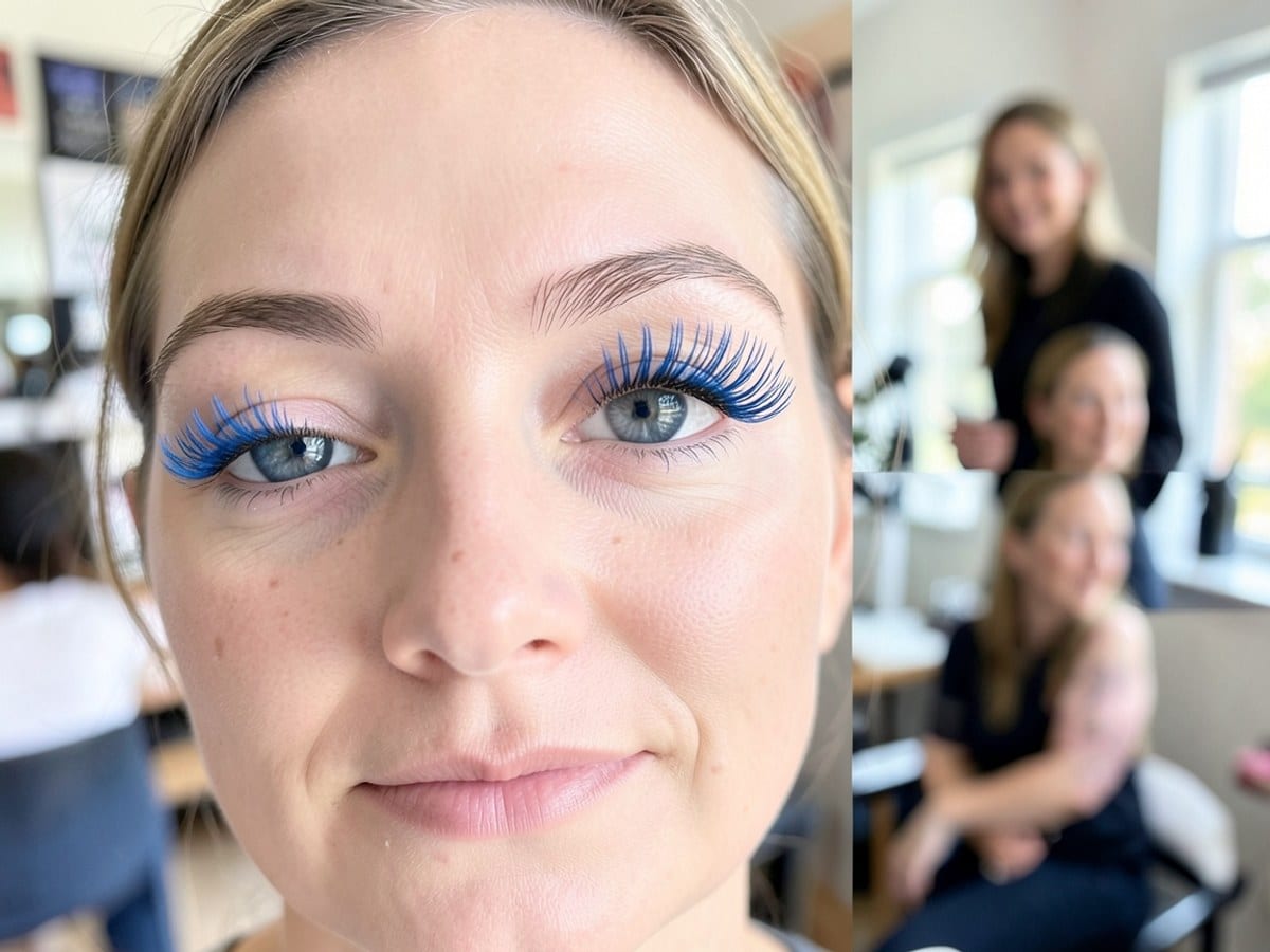 person's eye is accentuated with long, blue eyelashes, framing the eyelid and drawing attention against a blurred background.