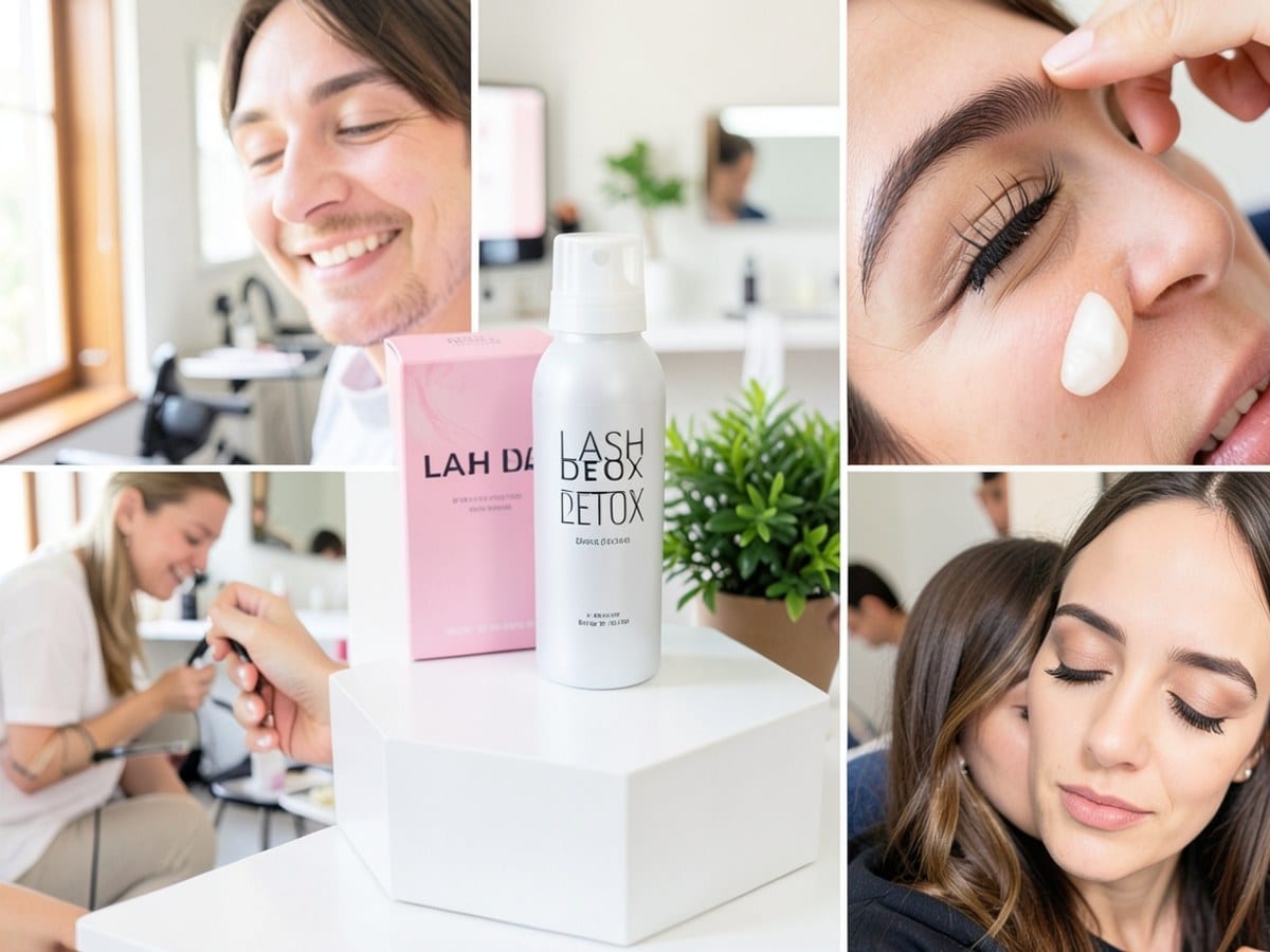 white foam lash cleanser bottle, named "LASH DETOX", sits on a white hexagonal pedestal, accompanied by a pink and white box and a small green plant.