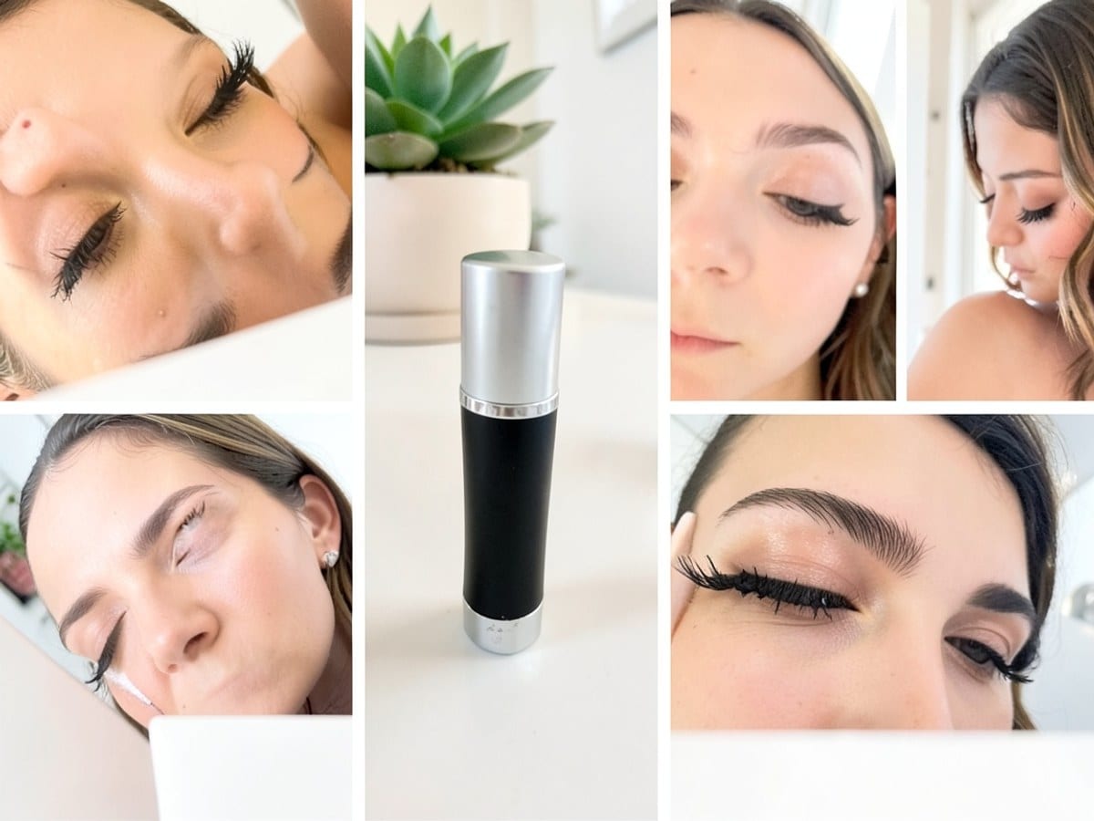 black eyeliner tube with silver cap and white box, with the client's branding, sits on a white surface with a small green succulent plant in the background.
