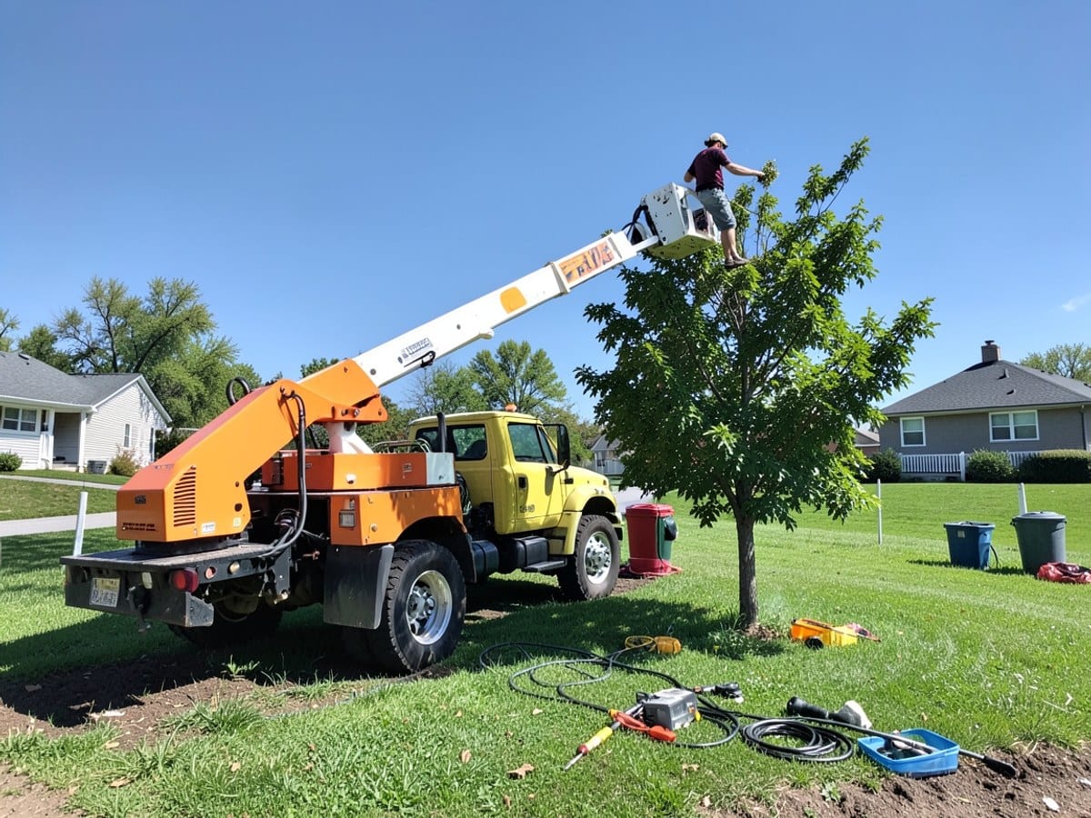 orange and white cherry picker, attached to a yellow truck, hoists a person upwards to trim a tree in a grassy area with a blue sky backdrop.