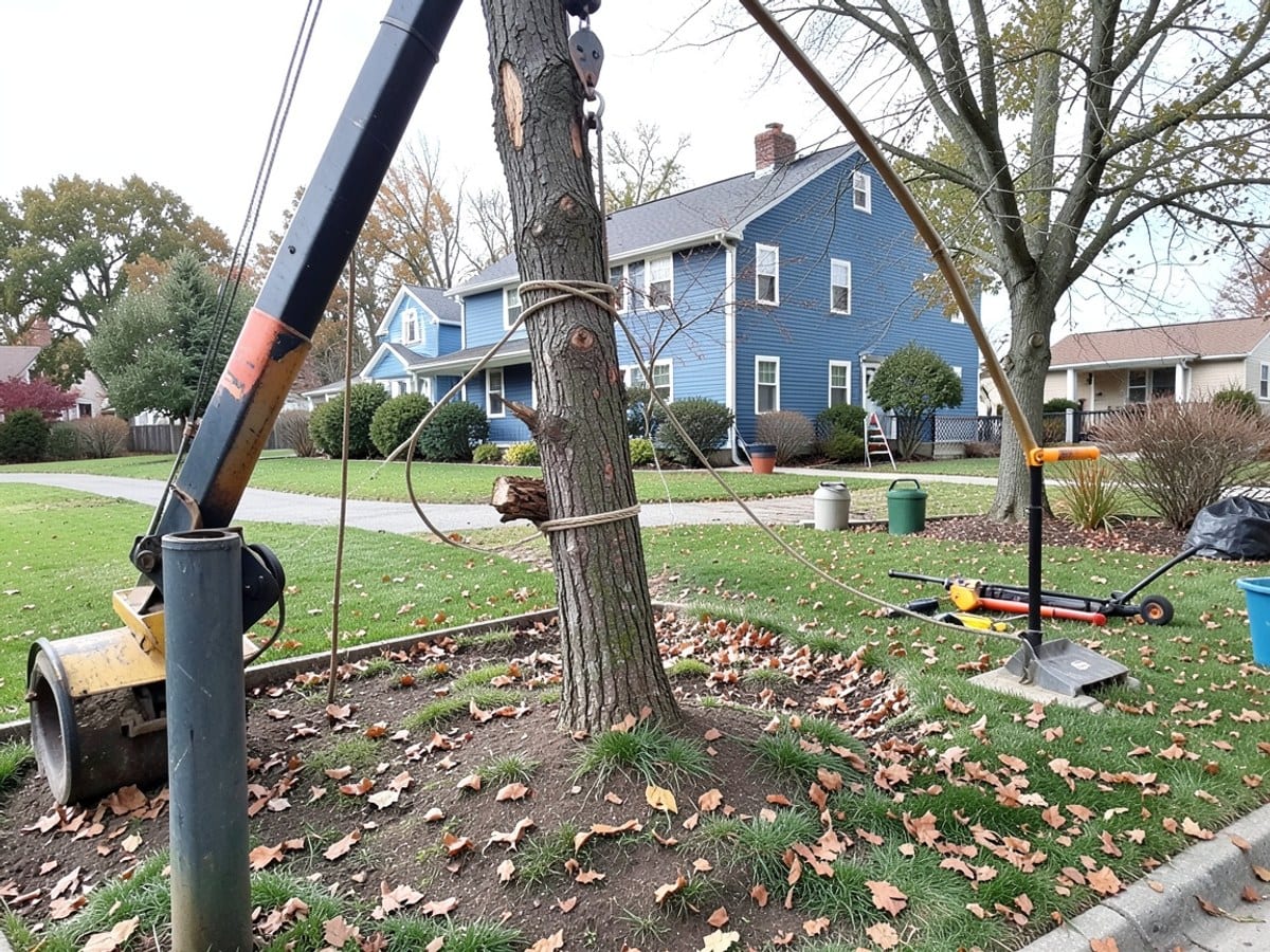 crane transports a tree trunk via pulley system in a residential area, secured by ropes and poles, with a blue house and fallen leaves in the background.