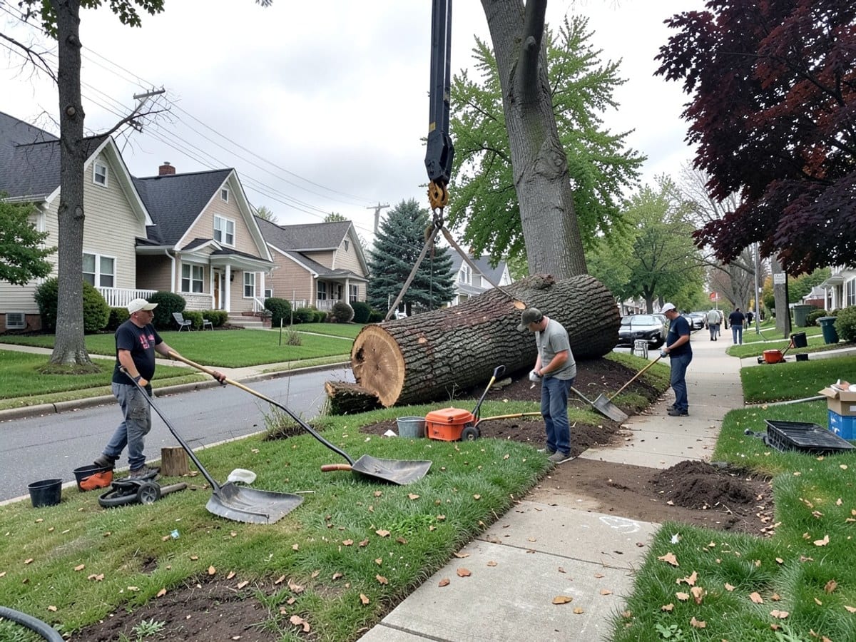 crane lifts a large tree trunk away from a residential street, with workers observing from a sidewalk lined with houses.