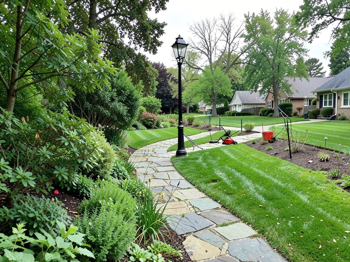 winding stone path, bordered by trees and shrubs, leads to a lamppost in a serene garden scene.