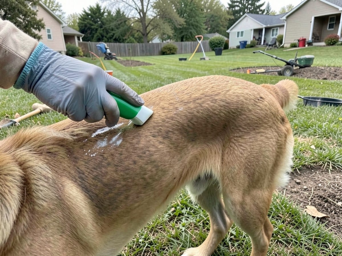 gloved hand uses a green ticker to dispense a substance onto a dog's back, drawing the dog's attention and preparing for the ticking process.