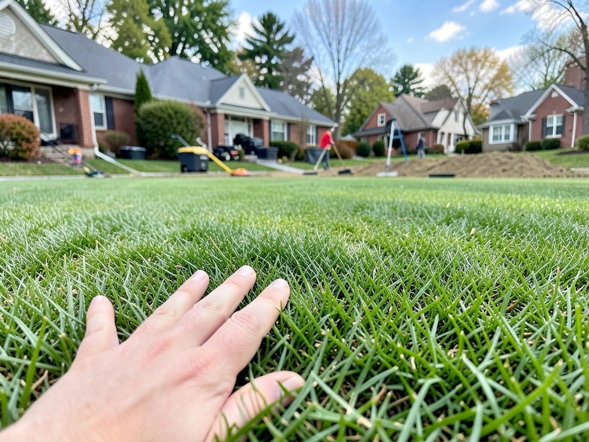 hand rests on a vibrant green lawn, touching the blades with fingers spread apart, emphasizing the scale.