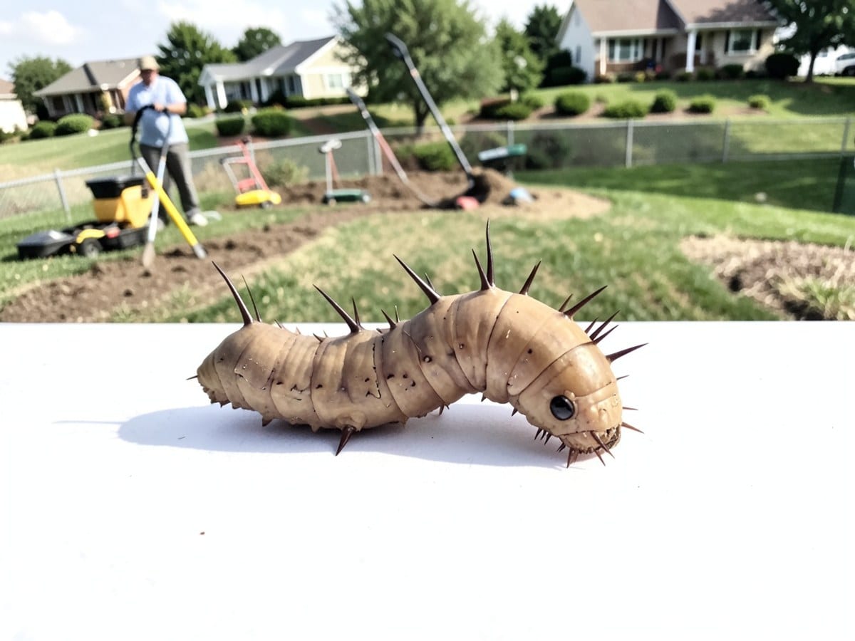 light brown caterpillar with dark brown spikes moves across a white background, head tilted and body curved.