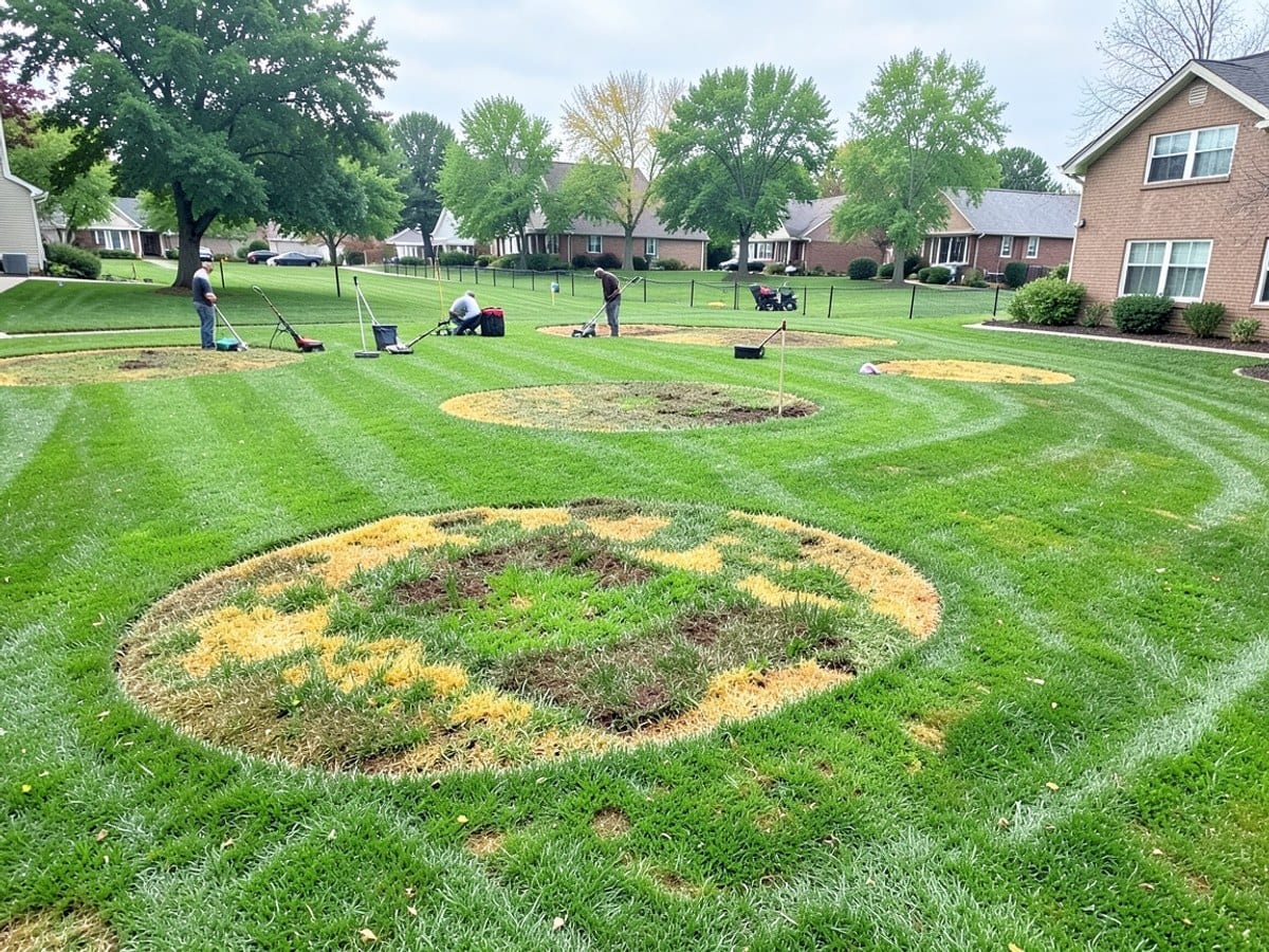 well-maintained grassy lawn features vibrant green grass and patches of yellow and brown grass in circular patterns.