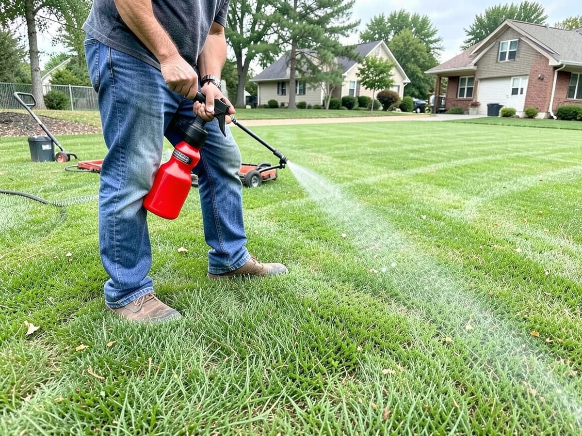 person in blue jeans and shoes sprays a green lawn with a red and black spray bottle.