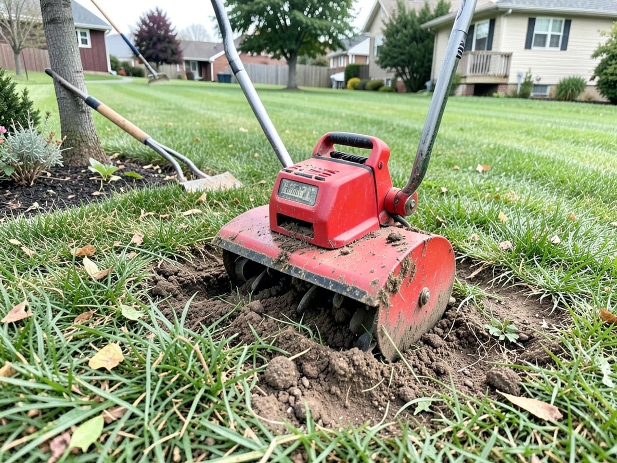red lawn aerator, actively engaged in a lawn, shows signs of wear and tear with scattered grass and dirt.