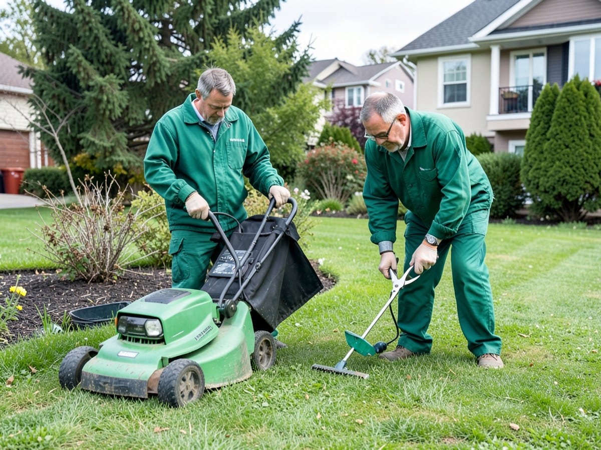 Two workers in green uniforms perform lawn care tasks, one mowing with a green lawn mower and the other trimming with silver shears.