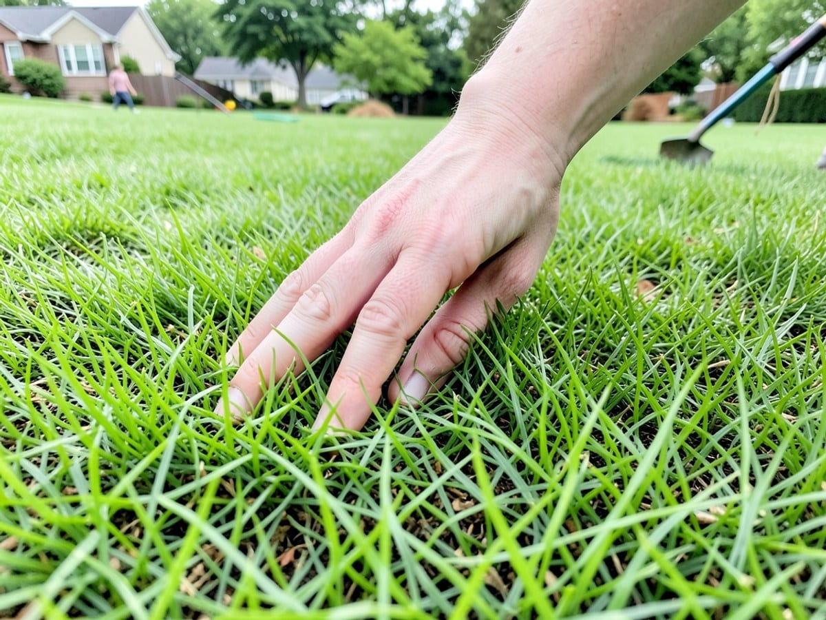 hand gently touches a verdant lawn, revealing the texture of the bright green grass.
