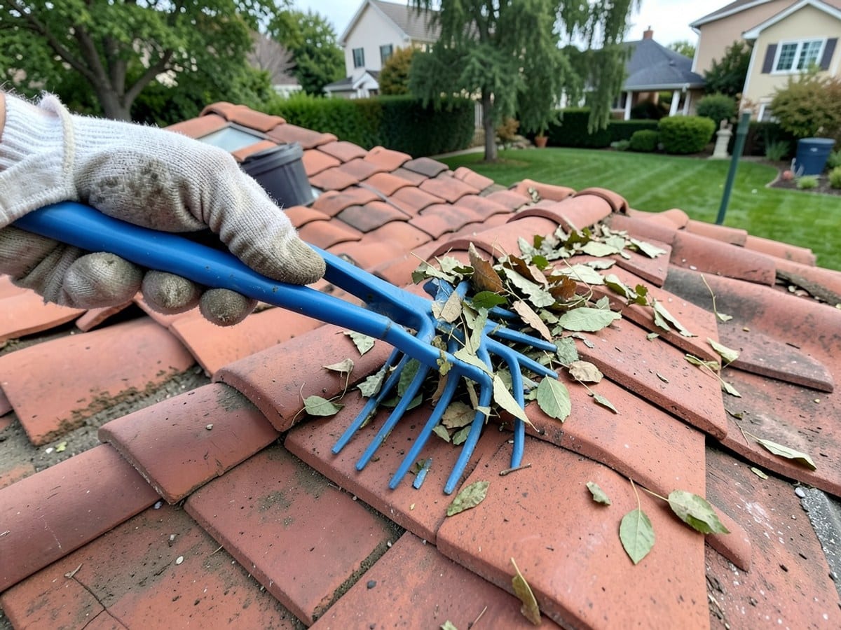 gloved hand holds a blue rake, sweeping leaves from a red-tiled roof, demonstrating cleanliness and organization in a residential setting.
