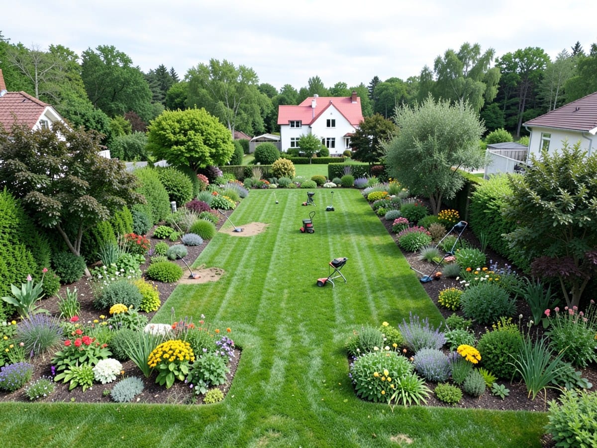 aerial view of a well-maintained garden reveals a symmetrical arrangement of green grass, colorful flowers, trees, and shrubs, with a white house and red roof in the distance.