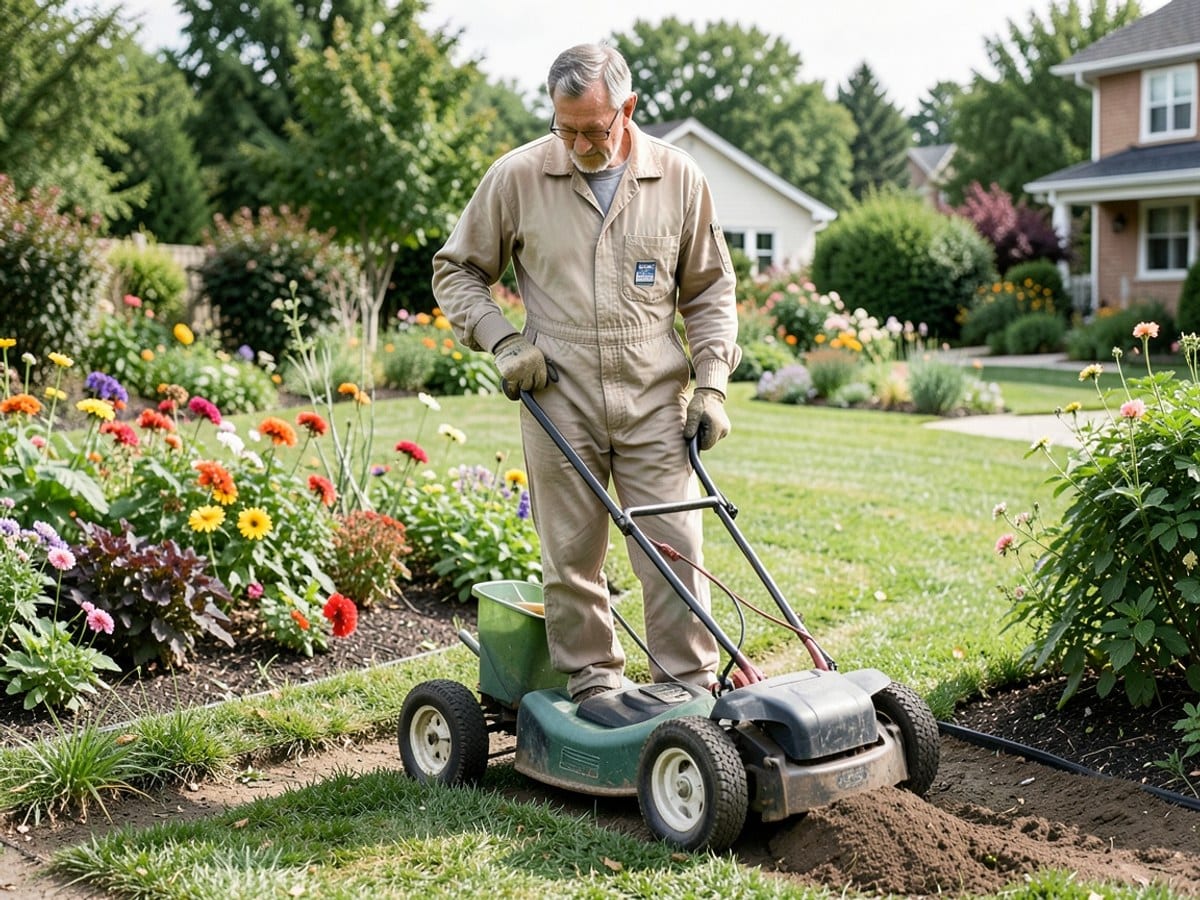 person mows a garden with a two-wheeled lawn mower, wearing a beige jumpsuit and gloves, with a colorful garden in the background.