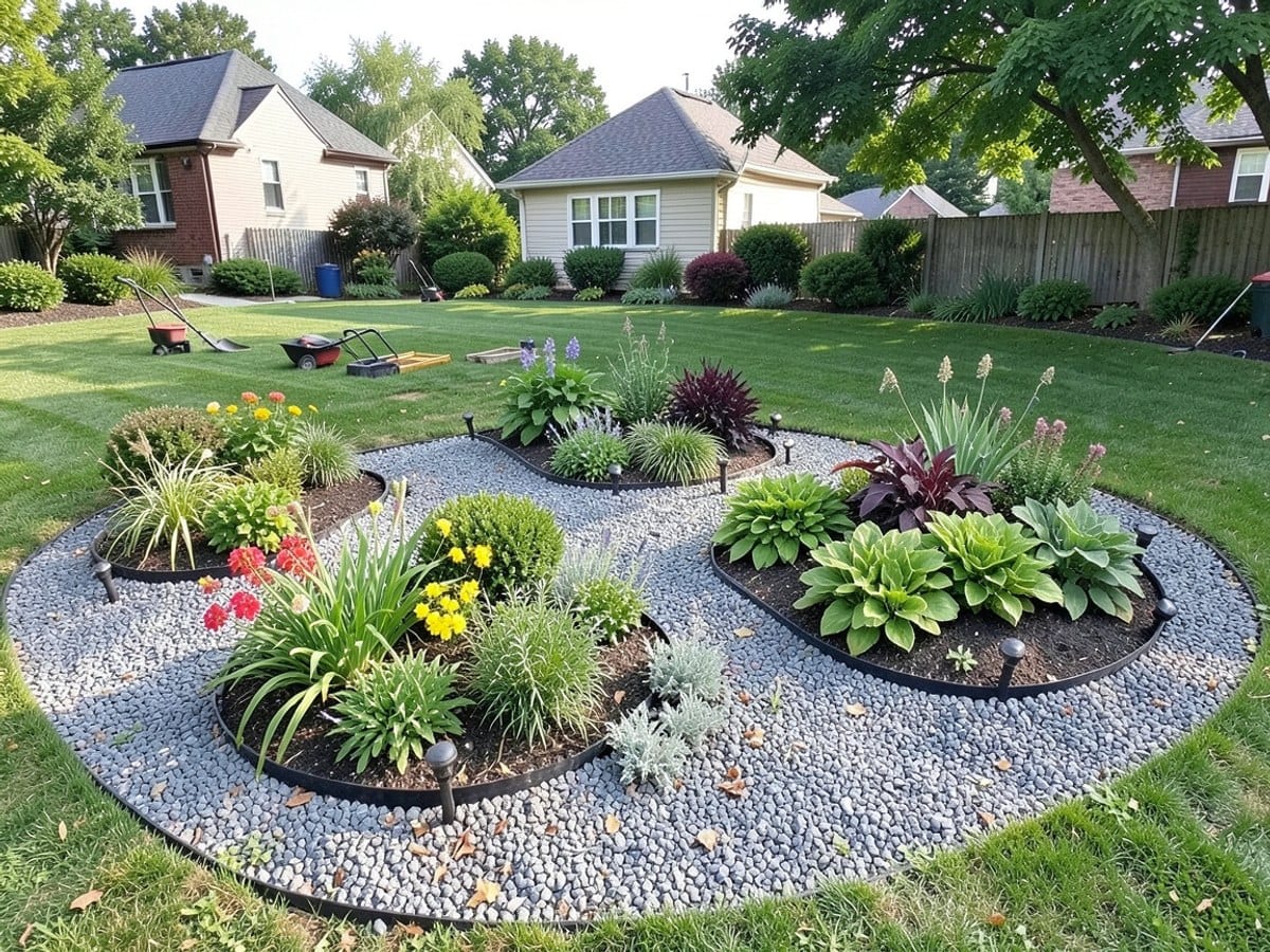 meticulously designed garden features three curved beds with vibrant plants and shrubs, bordered by gravel and accented by small lights.
