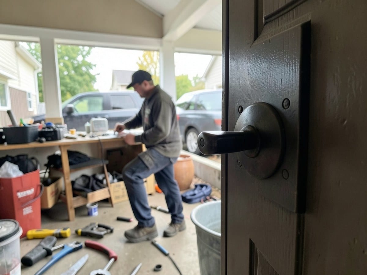 dark metal door handle, slightly ajar, is visible in a close-up view of a house's interior.