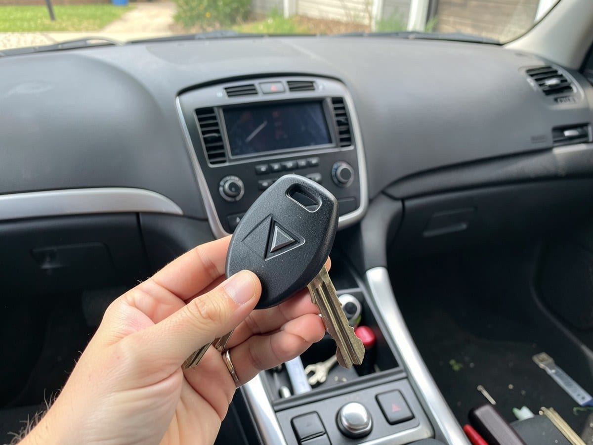 hand holds a black car key with a triangular pattern, positioned in the foreground with a car's dashboard and center console forming the background.
