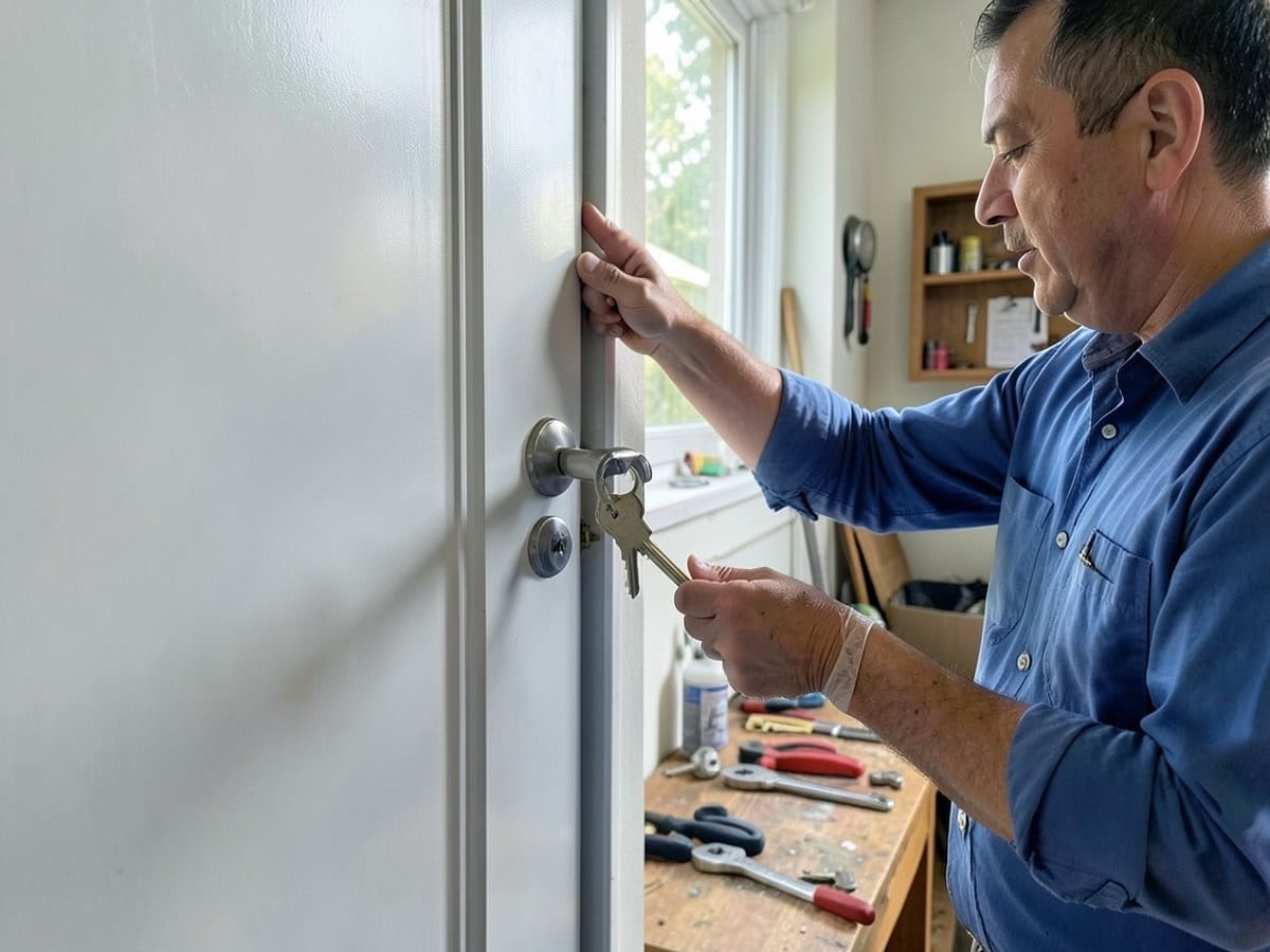 person in a blue shirt uses a key to a silver door, gripping the handle and applying pressure to unlock the door.