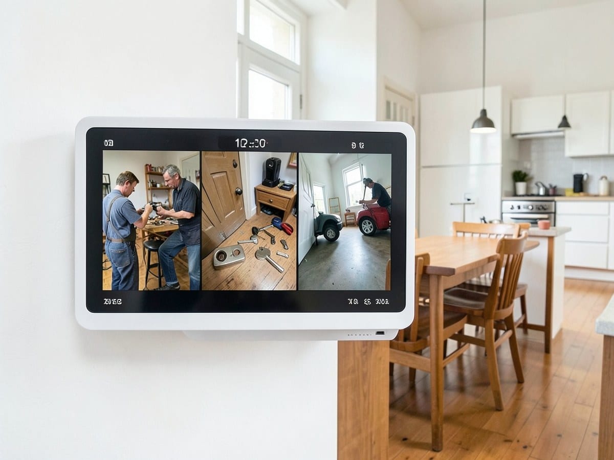 security system monitor displays the date, time, and temperature for a room with white walls and a wooden floor, situated in a kitchen or dining area.