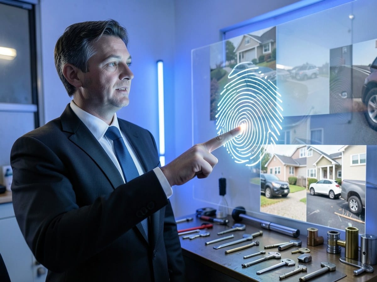man in a suit and tie points to a glowing fingerprint graphic on a transparent screen, set against a blue-lit background.