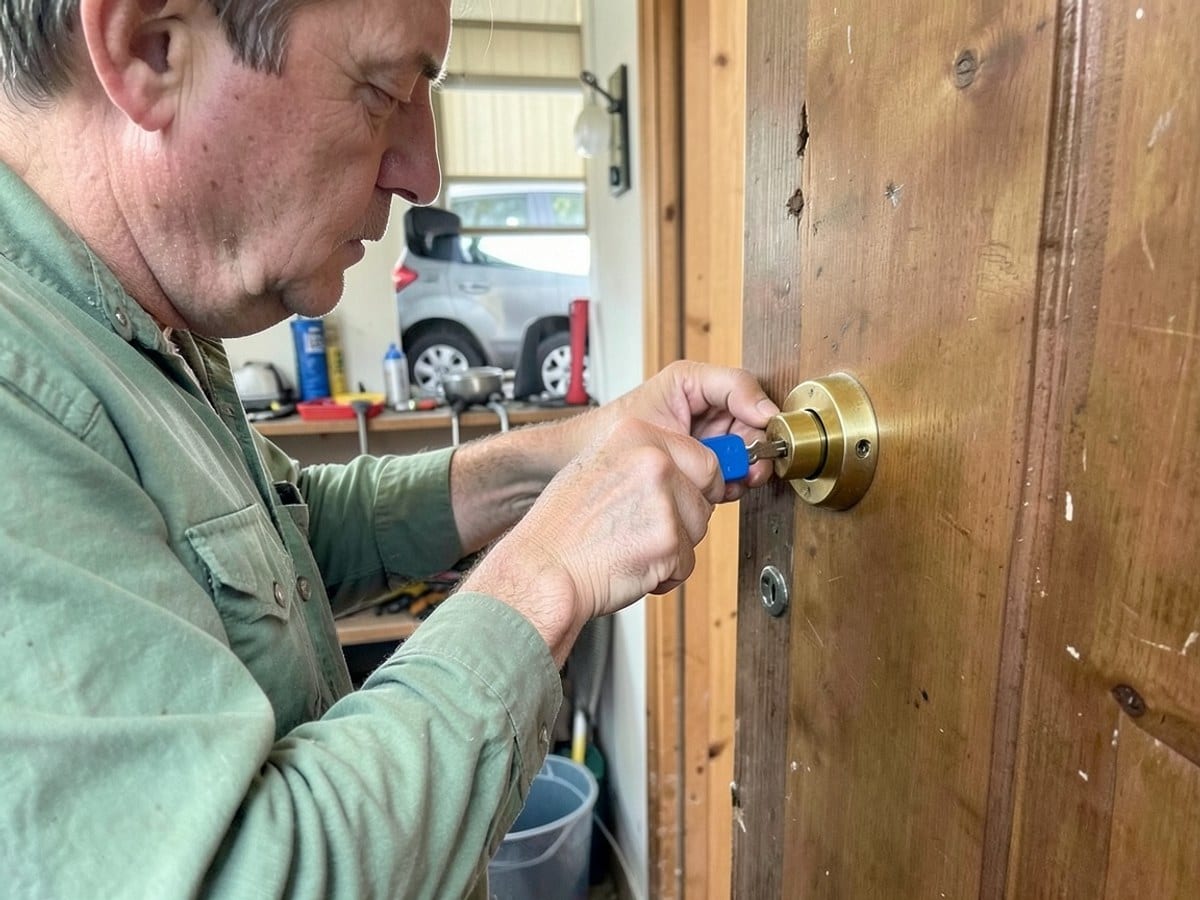 person in a green shirt removes a gold door lock with a blue key, gripping it firmly and focusing on the task.
