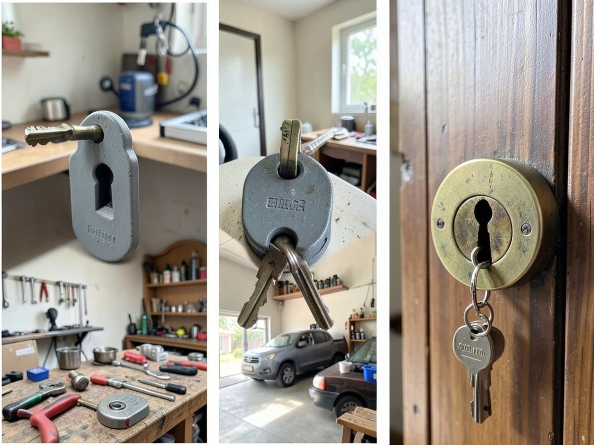 collage of three images: a gray keyhole with a key, a key inserted into a lock, and a keyhole with a key attached.