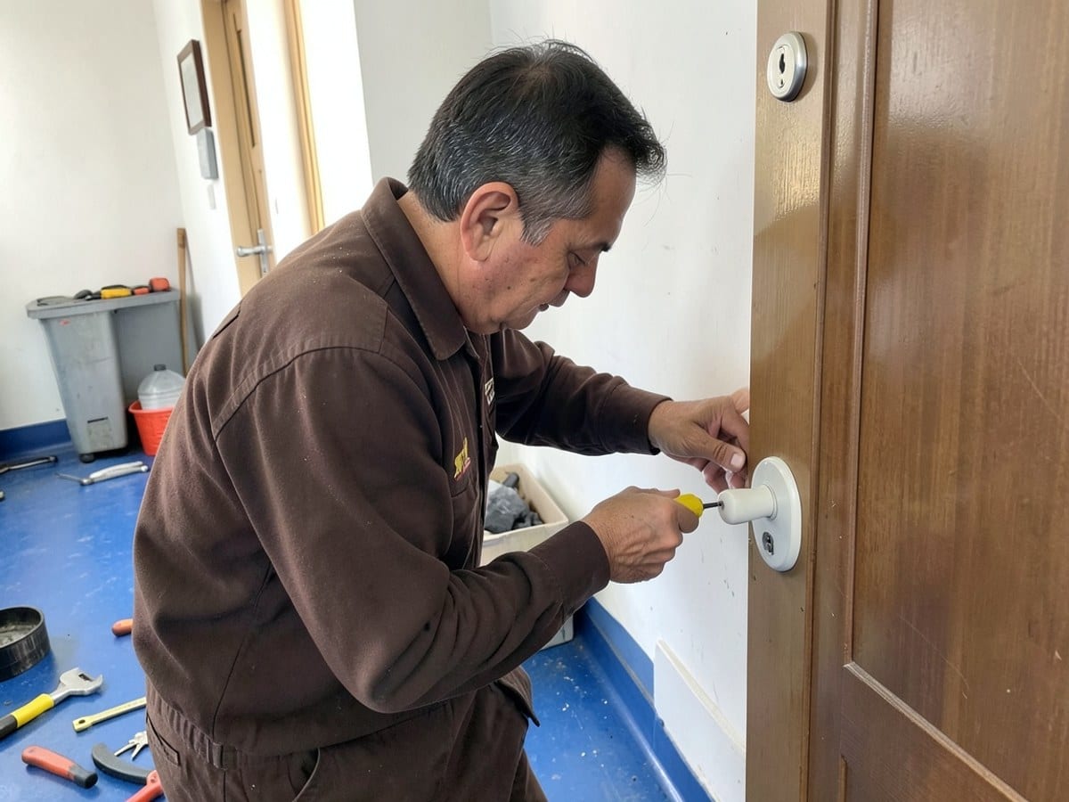 man in brown uniform uses a yellow screwdriver to fix a white door handle in a room with blue floor and white wall.