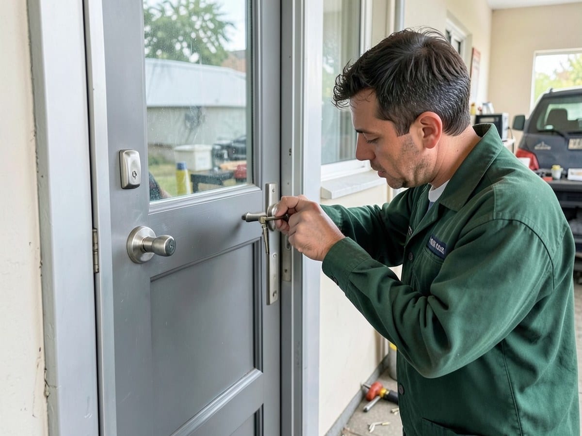 man in a green uniform uses a key to a silver door with a glass panel, focusing intently on the task.