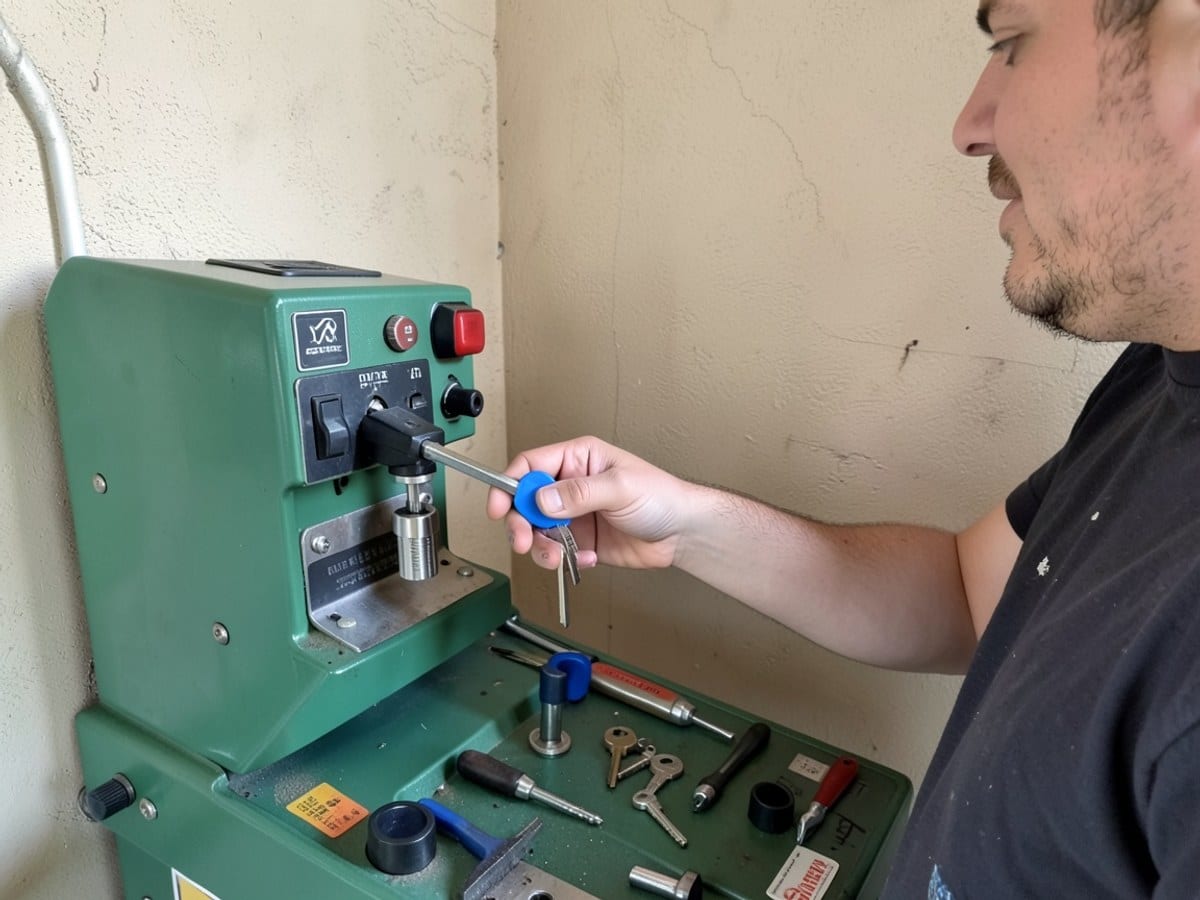 person operates a green key cutting machine, holding a blue key and navigating the controls while backed by a beige wall.