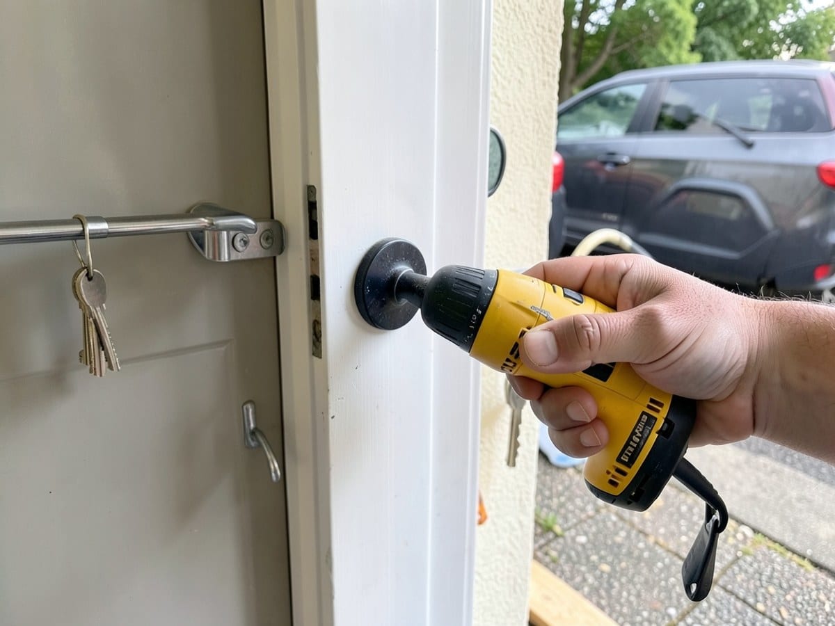 Hands use a yellow power drill to fix a black door knob, with a white door frame and keys visible in the background.