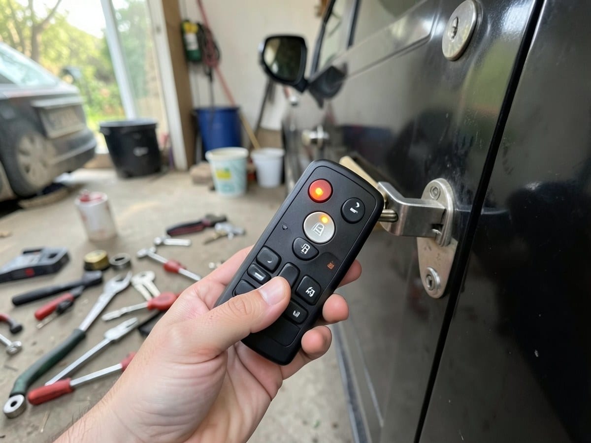 hand holds a black remote control, poised to unlock a car's door with its silver button and glowing orange light.
