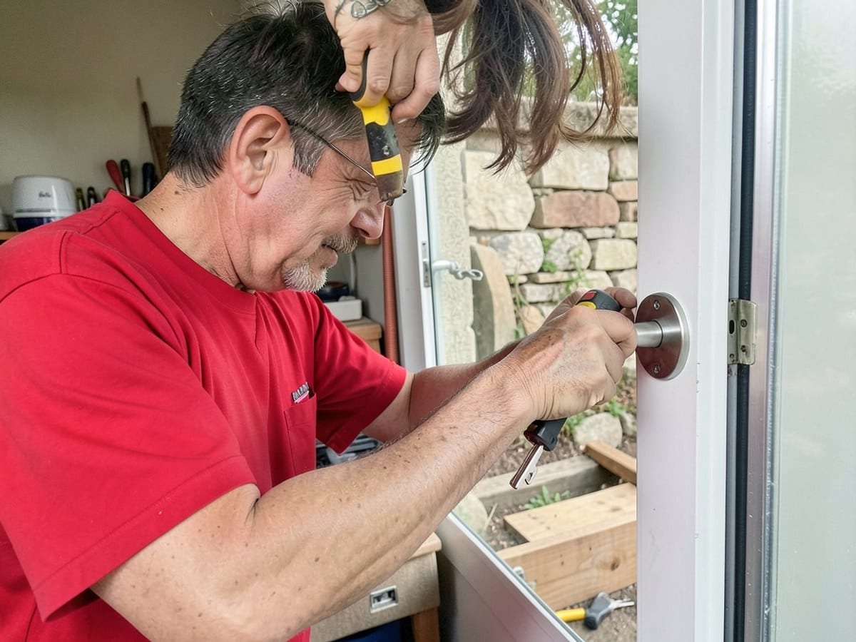 man in a red shirt uses a yellow and black screwdriver to fix a silver handle on a white door frame, emphasizing his focus and skill.