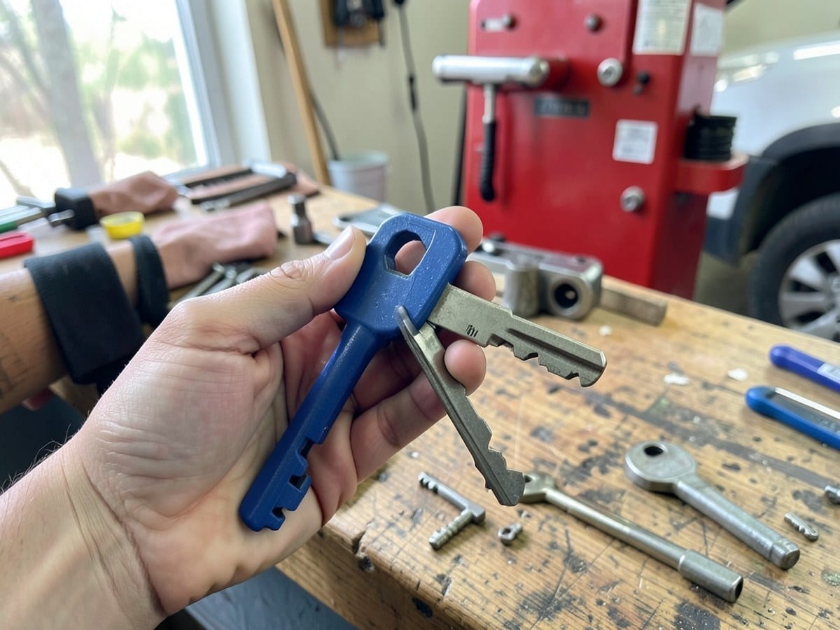 hand holds a blue key and a metal keyhole open on a wooden workbench, with a red machine visible in the background.
