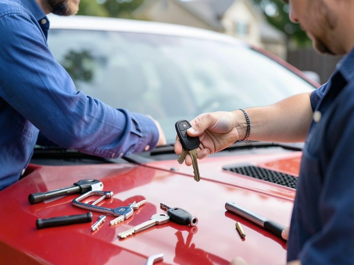 man in a blue shirt holds a black car key near the windshield of a parked red car with a white roof, against a blurred background.
