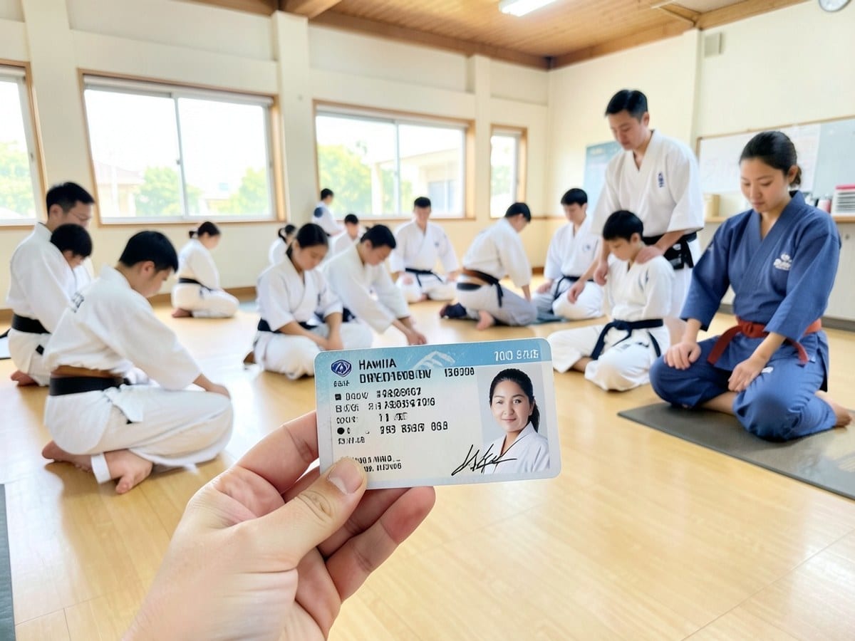 hand holds a Hawaii driver's license, displaying the person's picture, license number, date, and signature.