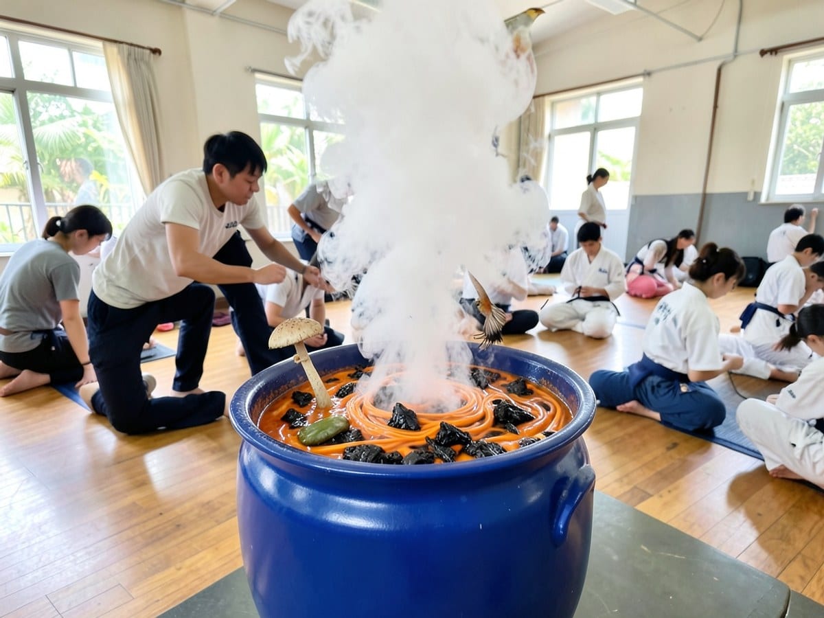 blue cauldron filled with a swirling mixture of orange and black ingredients is topped by a large plume of white smoke, accompanied by a small mushroom and a bird in flight.