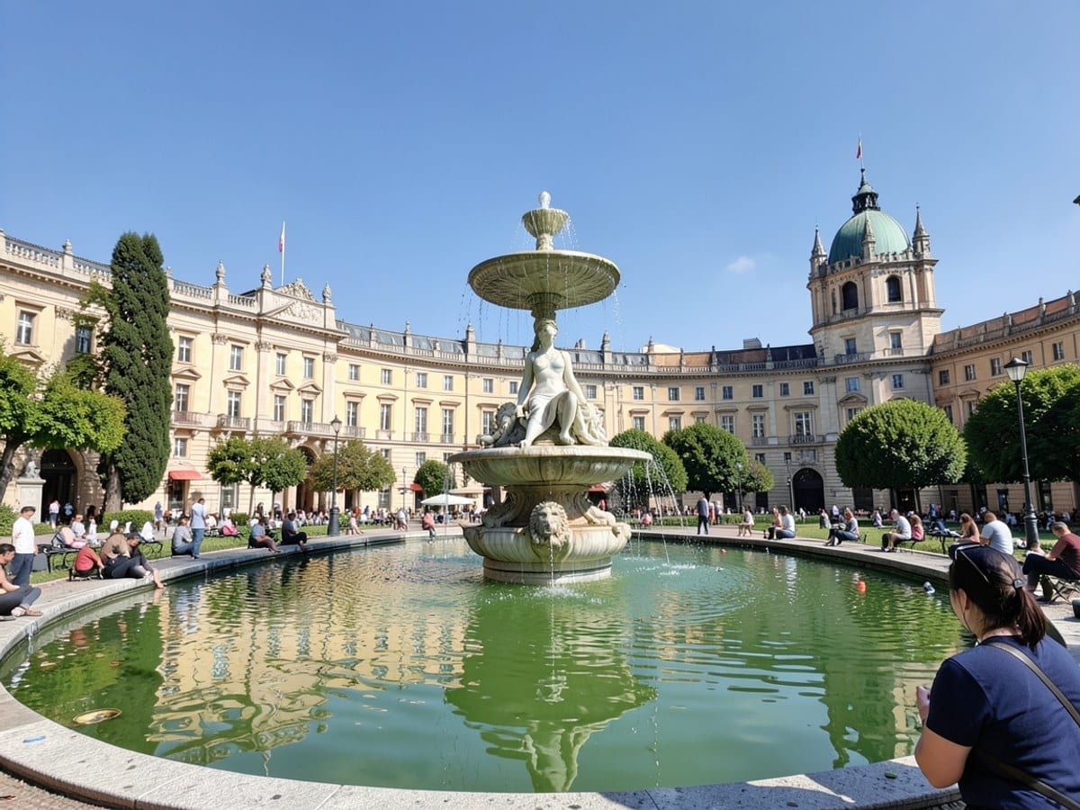 Charisma Park in Madrid, Spain, features a fountain with a woman on a throne and a lion statue, framed by the Royal Palace and the Alhambra, with a blue sky and green water reflecting the park's archi