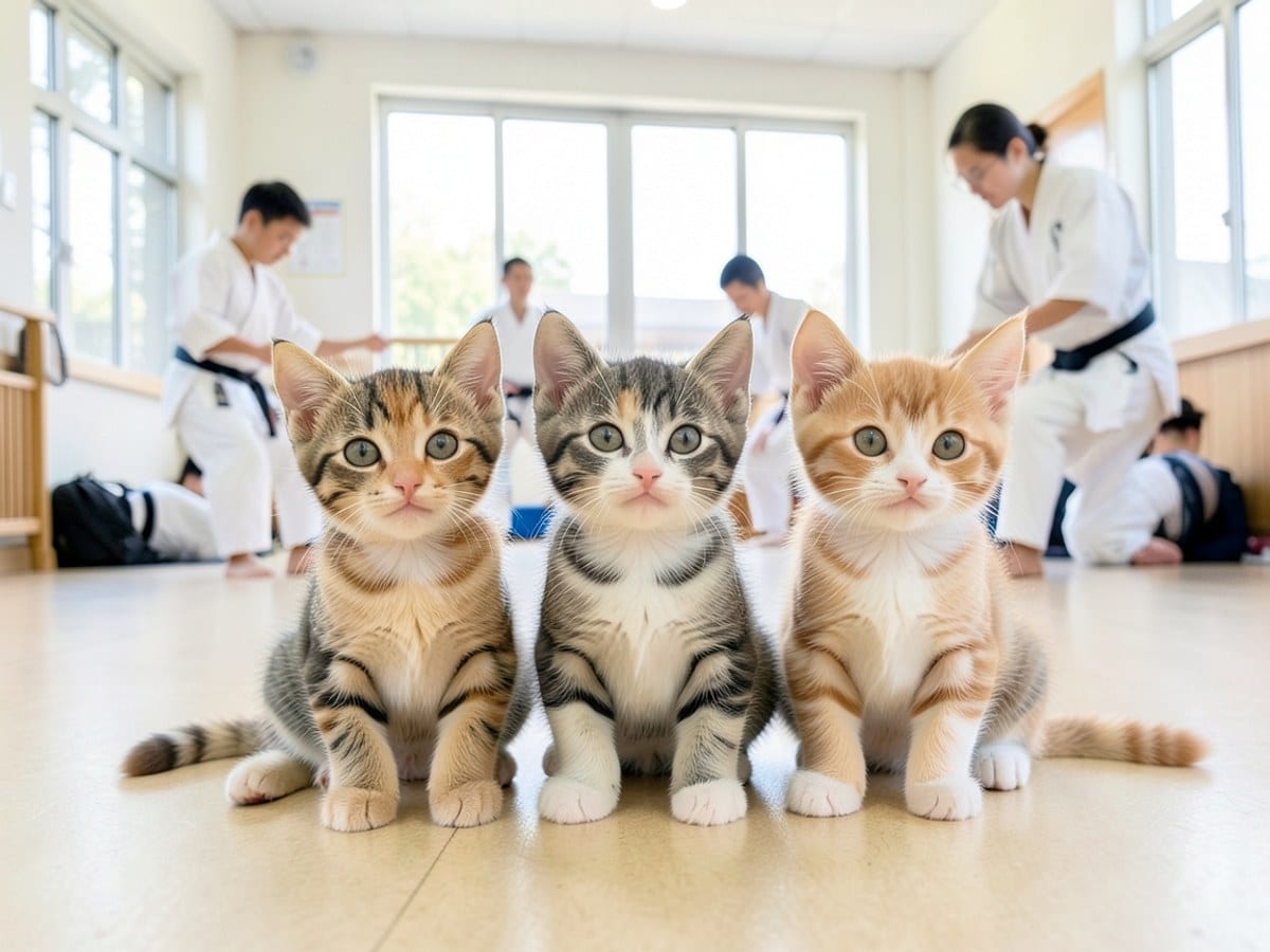 Three kittens in varying colors sit together, gazing at the camera with a curious and friendly demeanor.