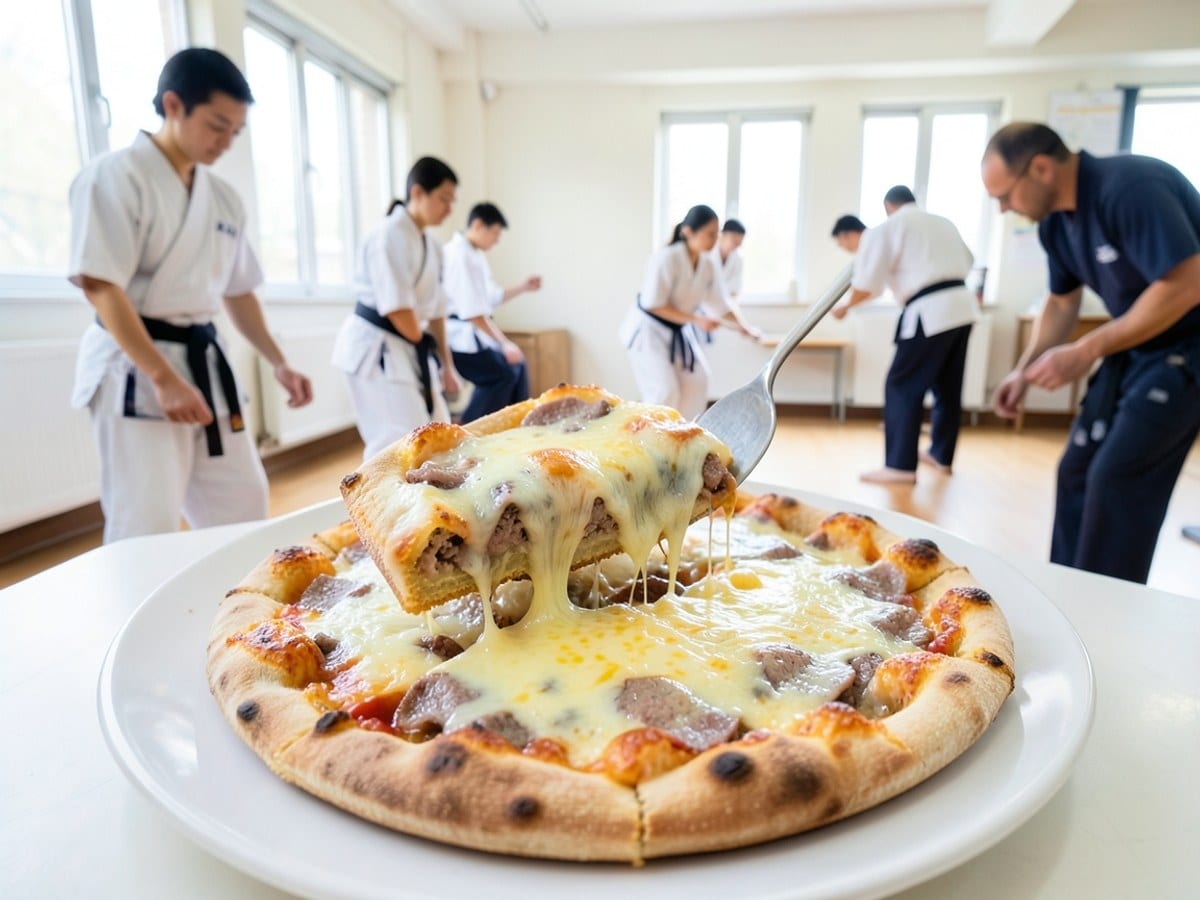 golden-brown pizza, topped with melted cheese and meat, is served on a white plate, with a slice lifted by a metal spatula.