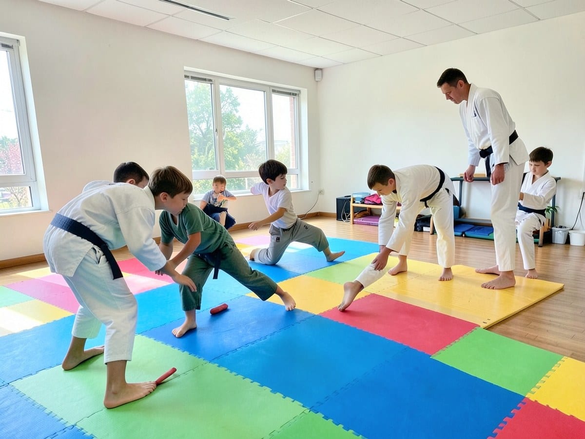 Kids practicing footwork on bright mats