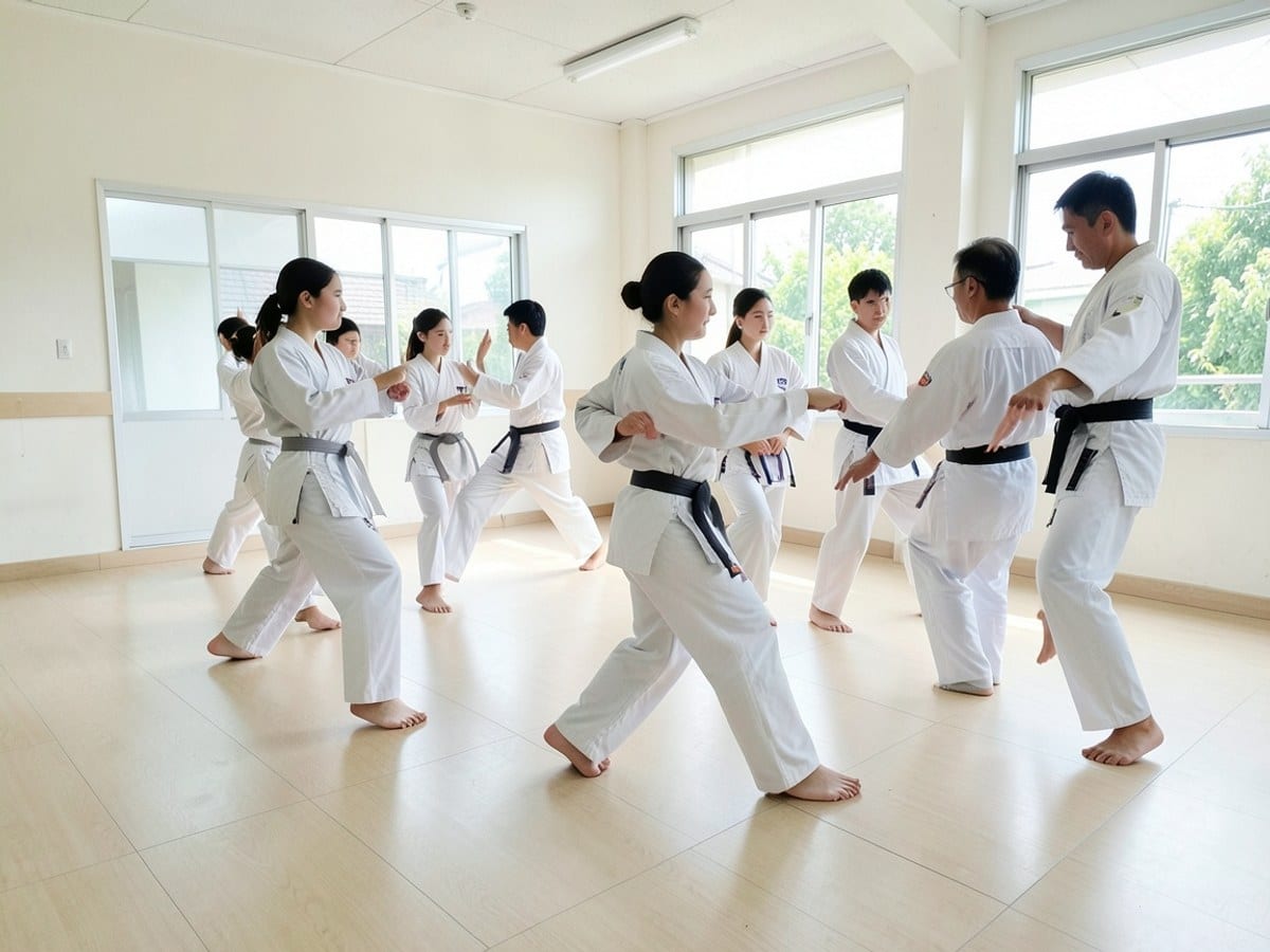 Students practicing a martial arts form