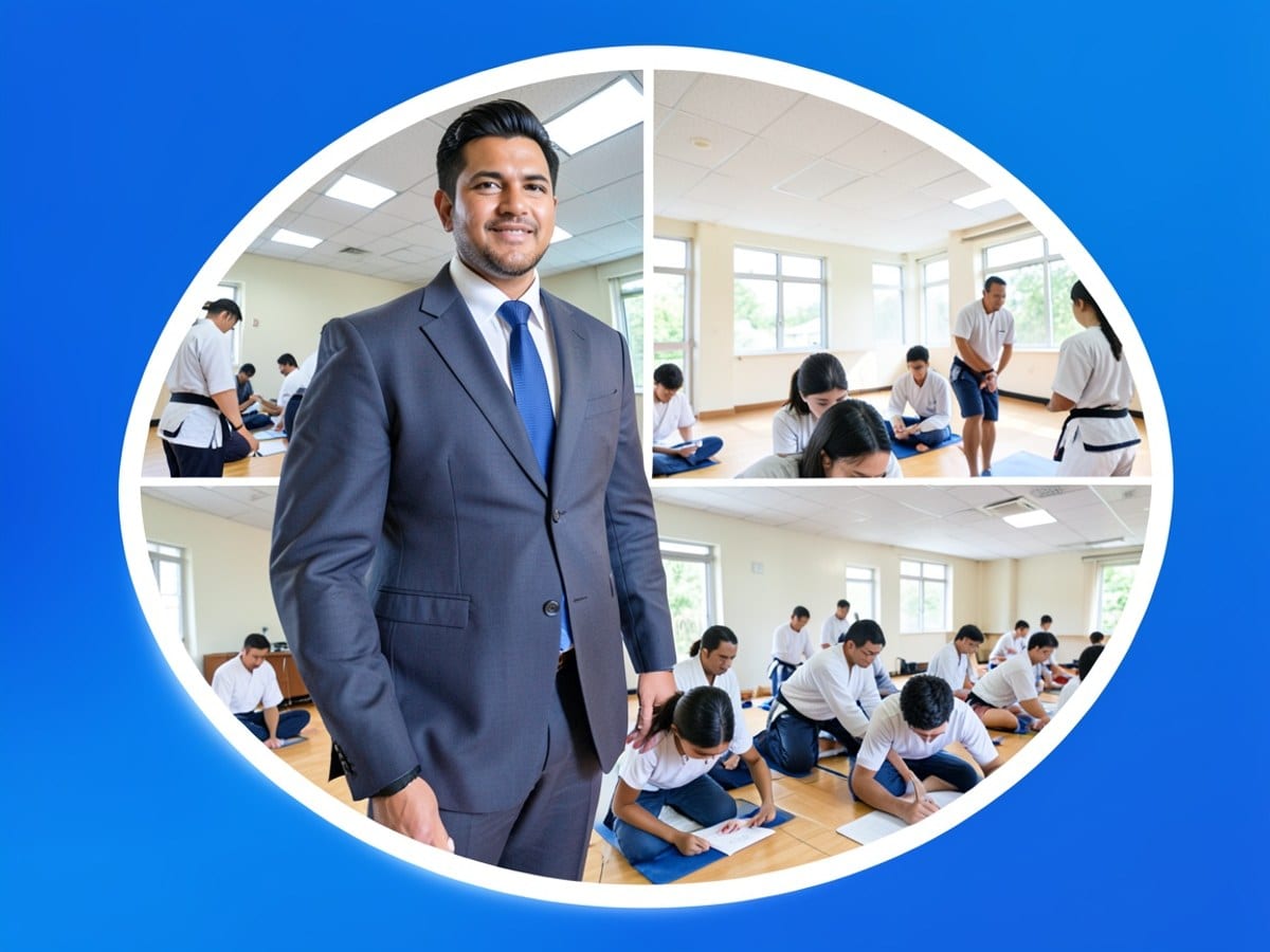 confident man in a suit and tie stands against a blue gradient background, with a white border and gradient circle.