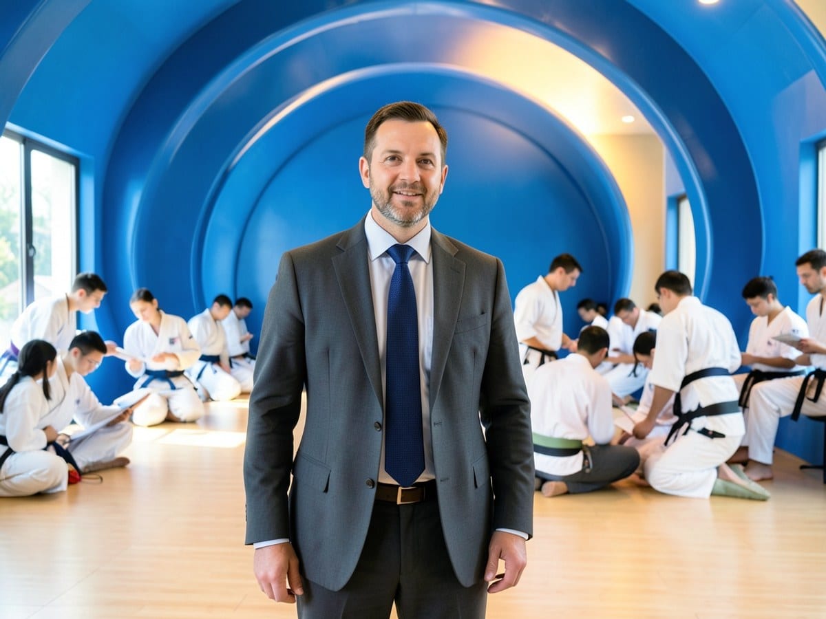 confident man in a suit and tie stands against a futuristic backdrop of blue hyperboloid shapes, emphasized by a warm light source.