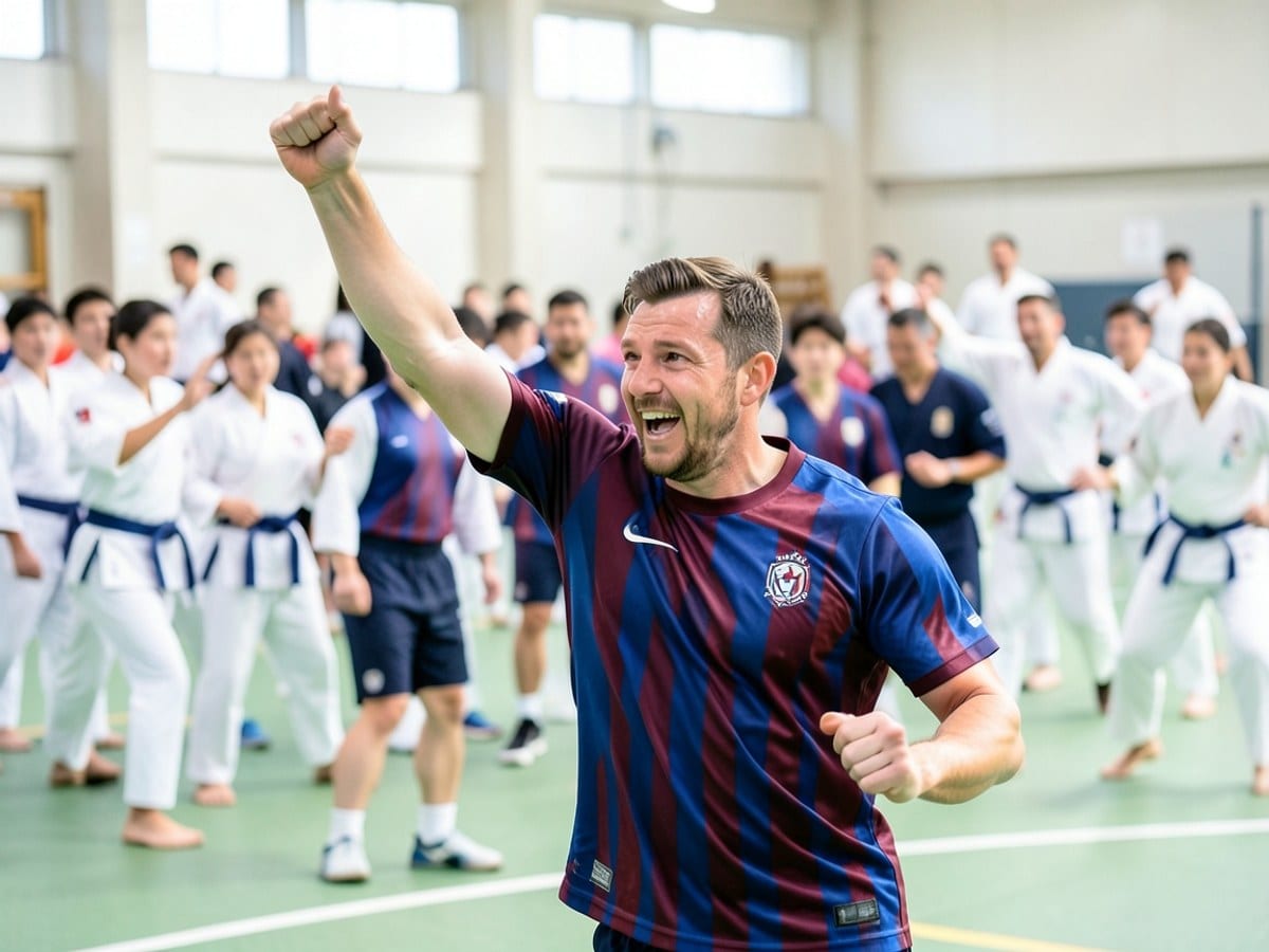soccer player in a maroon and blue striped jersey celebrates a goal on his soccer field, surrounded by teammates and a blurred crowd.